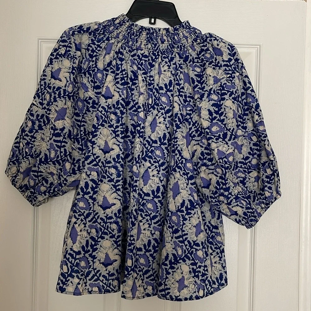 Free People - Willow Printed Blouse Smocked Puff Sleeves Top -Size L